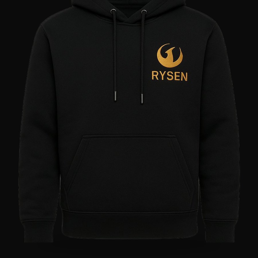 The gold RYSEN phoenix embroidered on a black hoodie